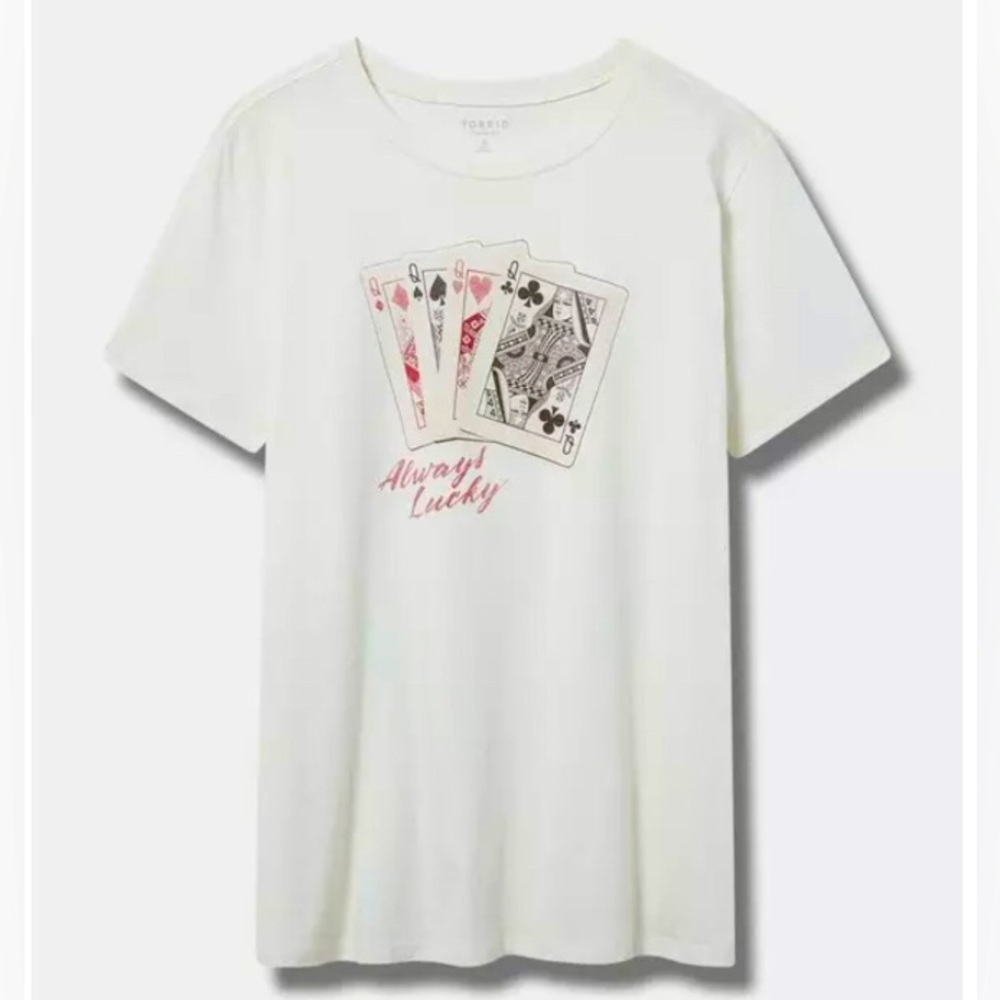 Torrid 2 “Always Lucky” White Graphic T shirt, 4 Queens, Card Players, Poker